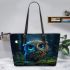 Cute owl cartoon with big blue eyes night scene with moon leather tote bag