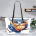 Cute owl clipart with big eyes colorful feathers leather tote bag