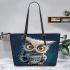 Cute owl holding a coffee cup leather tote bag