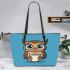 Cute owl holding coffee leather tote bag