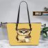 Cute owl holding coffee leather tote bag