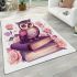 Cute owl sitting on books surrounded by pink roses area rugs carpet
