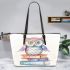 Cute owl sitting on top of books leather tote bag