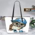 Cute owl wearing a blue cap and shoes leather tote bag