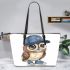 Cute owl wearing a blue cap and shoes leather tote bag