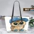 Cute owl wearing a blue cap and shoes leather tote bag