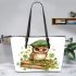 Cute owl wearing a green beret leather tote bag