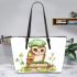 Cute owl wearing a green beret sitting on books leather tote bag