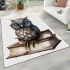 Cute owl wearing blue glasses sitting on books area rugs carpet