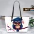 Cute owl wearing glasses leather tote bag