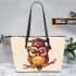 Cute owl wearing glasses leather tote bag