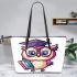 Cute owl wearing glasses and a graduation hat leather tote bag