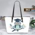 Cute owl wearing glasses and a graduation hat leather tote bag