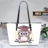 Cute owl wearing glasses and a graduation hat leather tote bag