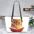 Cute owl wearing glasses reading books leather tote bag