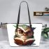 Cute owl wearing glasses reading books leather tote bag