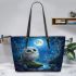 Cute owl with big blue eyes leather tote bag