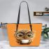Cute owl with big eyes holding a white coffee cup leather tote bag