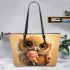Cute owl with big eyes holding an ice cream leather tote bag