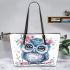 Cute owl with big eyes leather tote bag