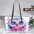 Cute owl with big eyes pink and blue gradient colors leather tote bag