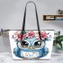 Cute owl with big eyes pink flowers on its head leather tote bag