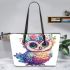 Cute owl with flowers on its head leather tote bag