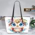 Cute owl with flowers on its head leather tote bag