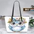 Cute owl with flowers on its head leather tote bag