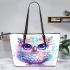 Cute owl with pink and blue colors and flowers around the eyes leather tote bag