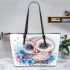 Cute owl with pink and blue flowers leather tote bag