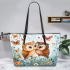 Cute owls in love colorful butterflies and flowers leather tote bag