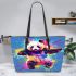 Cute panda in the style of rainbow paint splash leather tote bag