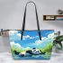 Cute panda lying in the water leather tote bag