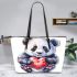 Cute panda making a heart with its hands leather tote bag