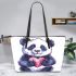 Cute panda making a heart with its hands leather tote bag