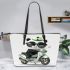 Cute panda wearing black sunglasses motorcycle leather tote bag