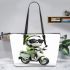 Cute panda wearing black sunglasses motorcycle leather tote bag