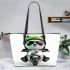 Cute panda wearing black sunglasses motorcycle leather tote bag