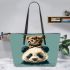 Cute panda with cat on its head leather tote bag