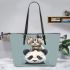 Cute panda with cat on its head leather tote bag