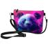 Cute panda with colorful smoke in front of a pink makeup bag