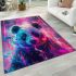 Cute panda with colorful smoke in front of a pink area rugs carpet