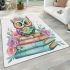 Cute pastel colorful owl sitting on top of books area rugs carpet