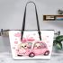 Cute pink car with a cute puppy inside leather tote bag