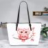 Cute pink owl holding a heart on a branch leather tote bag