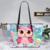 Cute pink owl with a bow on its head leather tote bag