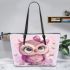 Cute pink owl with a bow on its head leather tote bag