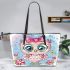 Cute pink owl with a bow on its head 20 leather tote bag