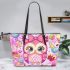 Cute pink owl with a bow on its head surrounded by candy leather tote bag